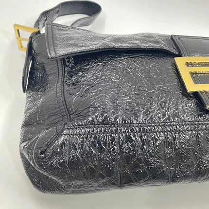 FENDI Baguette Large Black Crinkled Patent Leather Shoulder Bag