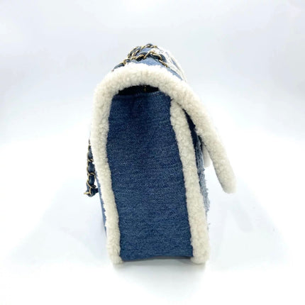Chanel Blue Denim White Shearling Egyptian Hieroglyph Maxi Flap Bag Gold Hardware, 2019