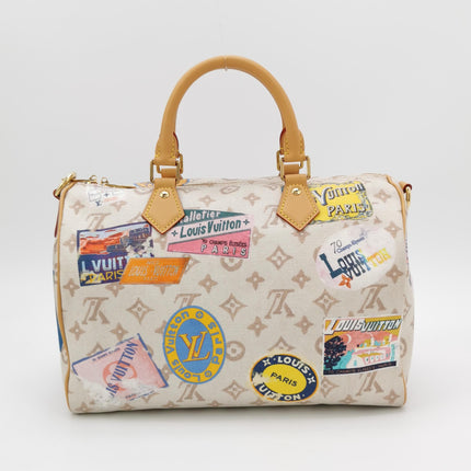 Louis Vuitton Speedy 30 Bandouliere Monogram Hotel Labels White Multicolor