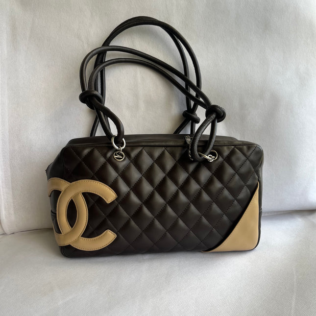 Chanel Cambon Medium Shoulder Bag Brown Calfskin Leather Snake-skin CC Logo Black Double Strap