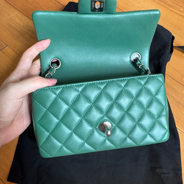 Chanel Classic Flap Mini Rectangular Green Lambskin Leather Silver Hardware