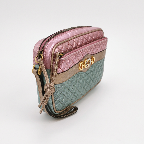 Sold Gucci Pink Teal Mini Metallic Laminated Trapuntata Leather Horsebit Clutch