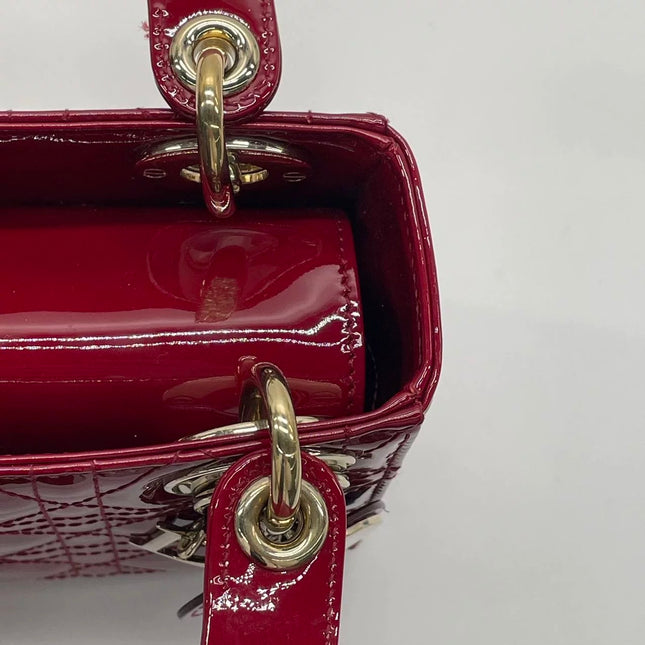 Lady Dior Mini 2020 Red Burgundy Patent Leather Gold Hardware Suede Interior Chain Strap