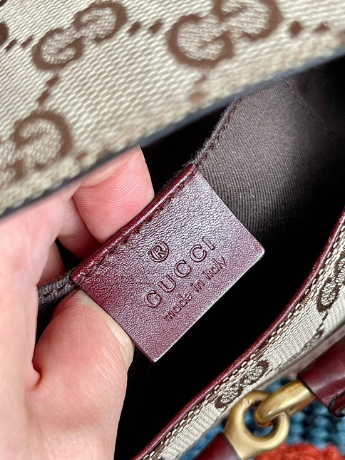 Gucci Horsebit 1955 Small Cloth Beige Monogram Burgundy Leather Shoulder bag