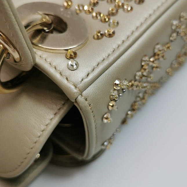 Lady Dior Mini Gold Calfskin Leather with Crystals Gold Hardware 2020