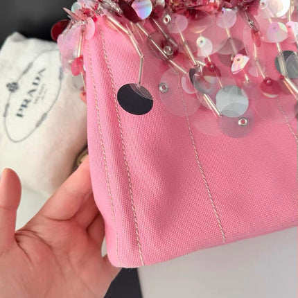 Prada Canape Small Pink Canvas with Sequins Top Handle Bag with Strap Rare