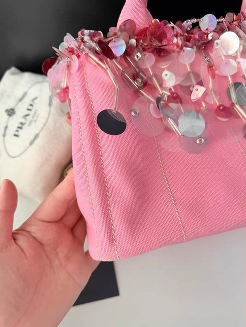 Prada Canape Small Pink Canvas with Sequins Top Handle Bag with Strap Rare