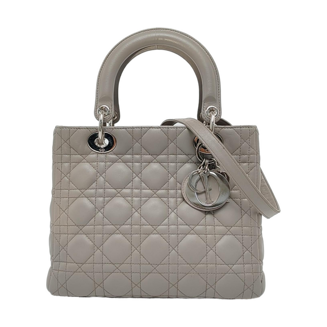 Lady Dior Medium Grey Lambskin Leather Silver Hardware Leather Strap-Luxbags