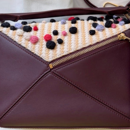 Loewe x Albers Puzzle Small Multicolor Woven Wool and Leather with Pompoms Crossbody Bag