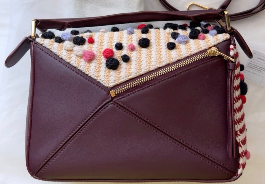 Loewe x Albers Puzzle Small Multicolor Woven Wool and Leather with Pompoms Crossbody Bag