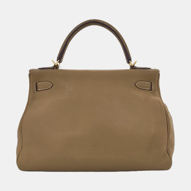 Hermes Kelly 32 Retourne Biscuit Brown Clemence Leather Gold Hardware Double Ring
