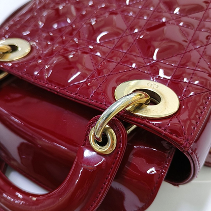 Lady Dior Mini Handbag Burgundy Red Patent Leather Gold-tone Chain Strap