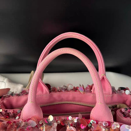 Prada Canape Small Pink Canvas with Sequins Top Handle Bag with Strap Rare