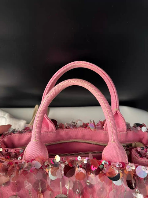 Prada Canape Small Pink Canvas with Sequins Top Handle Bag with Strap Rare