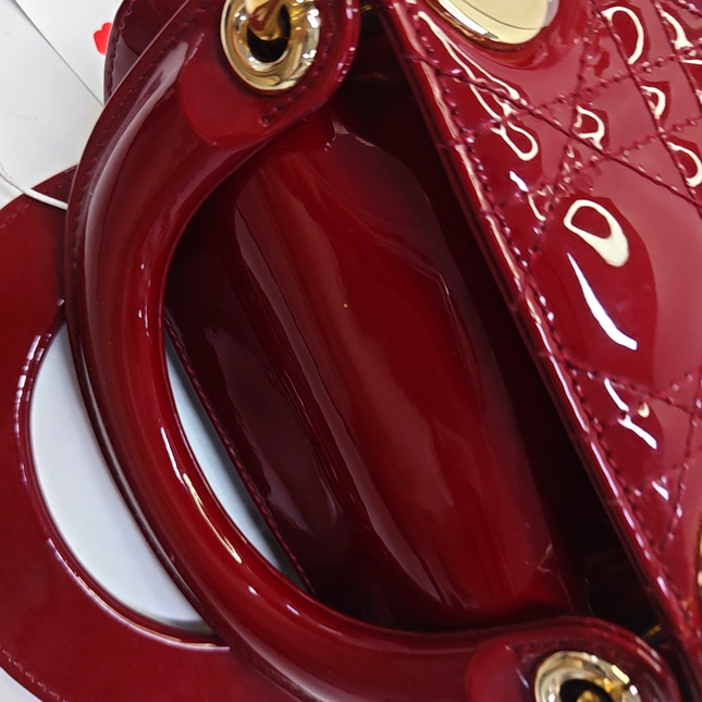 Lady Dior Mini Handbag Burgundy Red Patent Leather Gold-tone Chain Strap