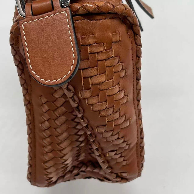 Loewe Puzzle Small Leather Woven Braided Tan Brown Crossbody Bag