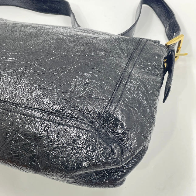 FENDI Baguette Large Black Crinkled Patent Leather Shoulder Bag