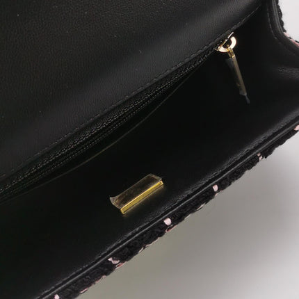 Chanel Mini Rectangular Tweed Flap Bag Black Pink Camellia Single Chain Crossbody