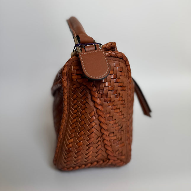 Loewe Puzzle Small Leather Woven Braided Caramel Tan Crossbody Bag