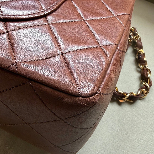 Chanel Classic Flap Rare Vintage Medium Brown Lambskin Leather 24k Gold Hardware 1989-1991