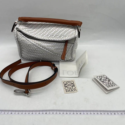 Loewe Puzzle Small Leather Woven Braided White Crossbody Bag