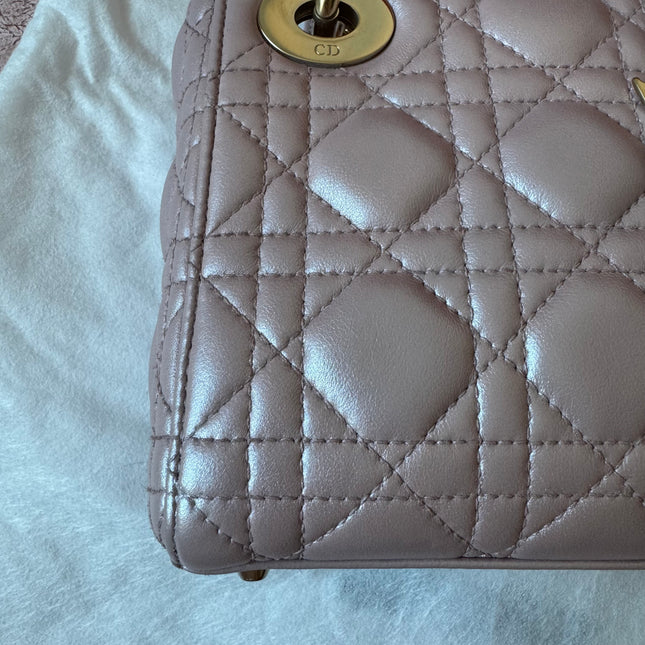 Lady Dior Mini Pearlescent Pink Lambskin Leather Gold HW Chain Strap