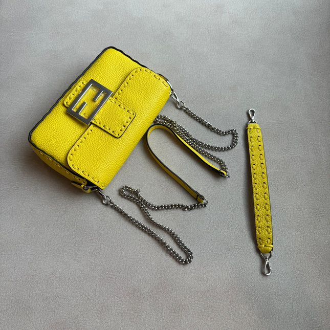 Fendi Baguette Mini Selleria Lemon Yellow Calfskin Leather Crossbody Bag