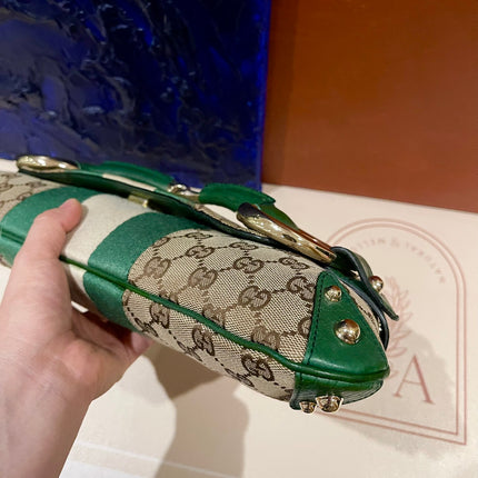 Gucci Horsebit 1955 Chain Cloth Gucci Monogram Green Leather and Gold Studs