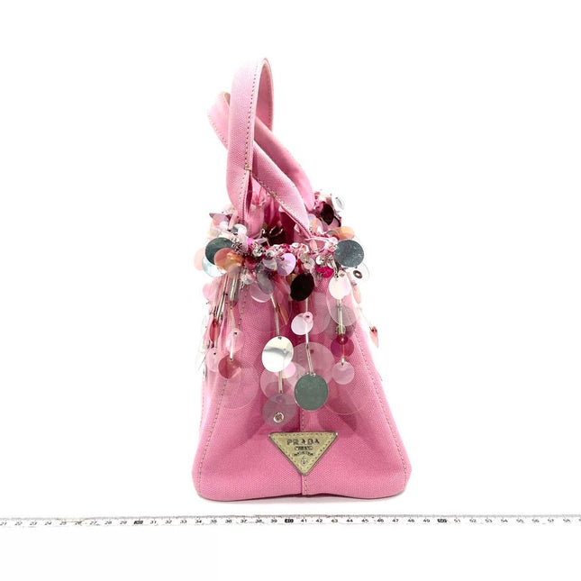 Prada Canape Small Pink Canvas with Sequins Top Handle Bag with Strap Rare