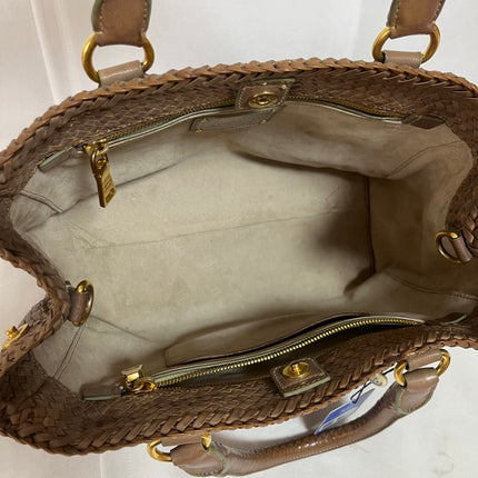 Prada Madras Brown Woven Leather Top Handle Shopping Tote