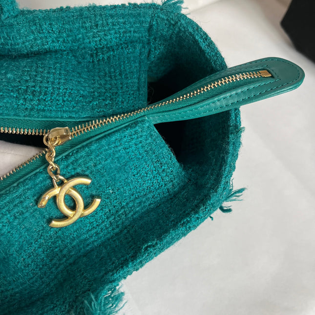 Chanel x Pharrel Williams Tweed Giant Logo Shopping Tote Green Quilted