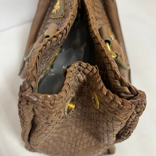 Prada Madras Brown Woven Leather Top Handle Shopping Tote