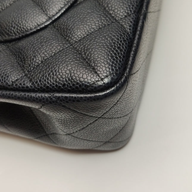 Chanel Classic Flap Jumbo Black Caviar Leather Double Flap Silver Hardware