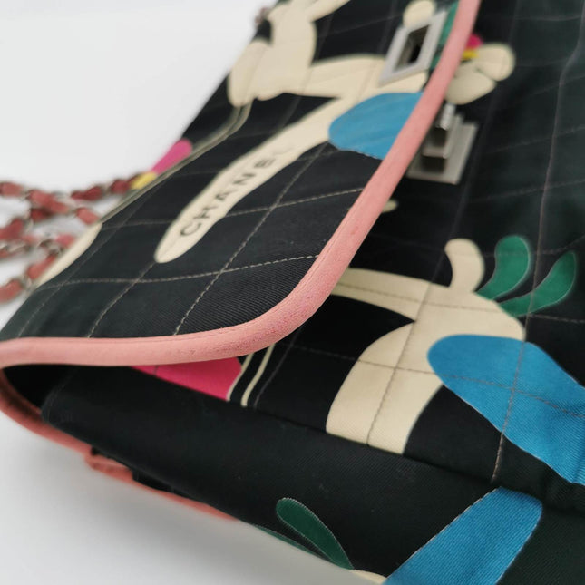 Chanel 2.55 Flap Bag Vintage Chocolate Bar Multipocket 2000 Large Black Fabric with Bird Print