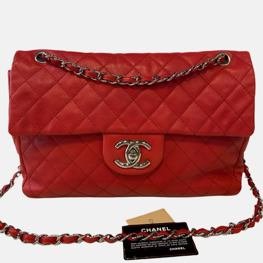 Chanel Classic Flap Maxi Red Caviar Leather Silver-tone Hardware Giant CC Logo-Luxbags