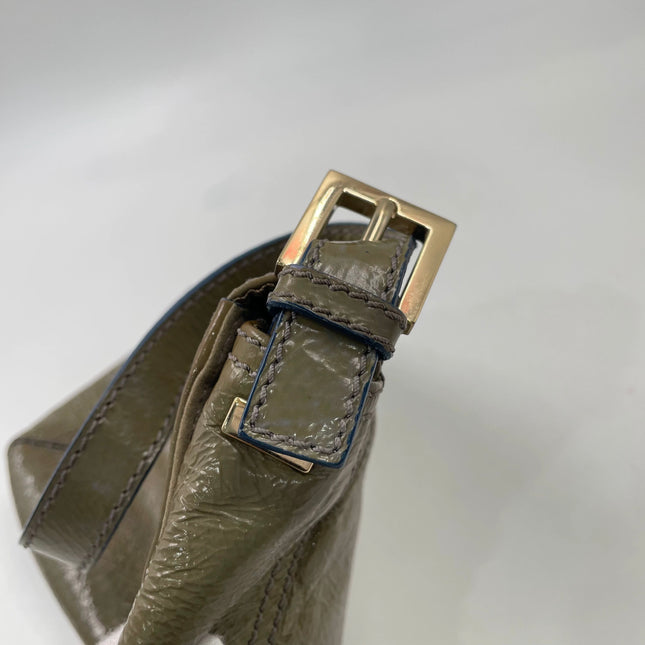 Fendi Baguette Dark Green Crinkled Patent Leather Shoulder Bag