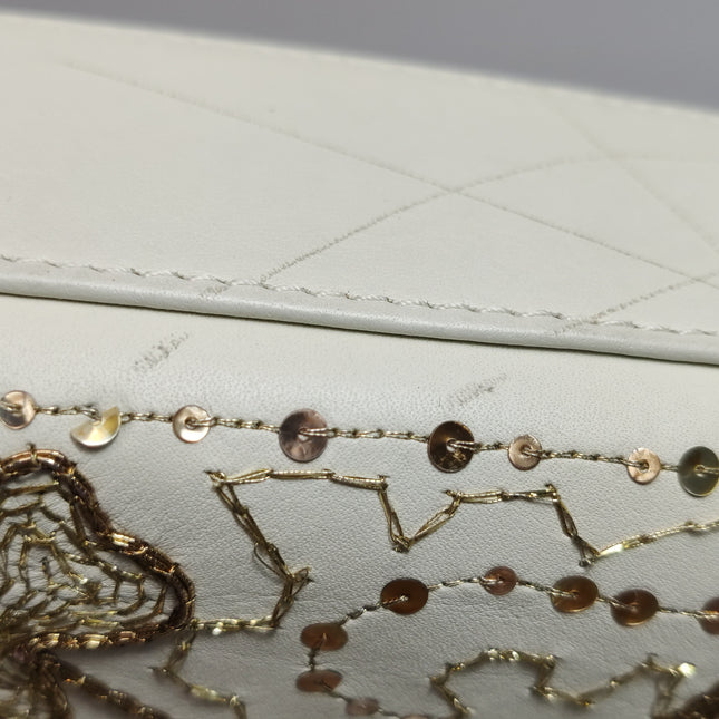 Lady Dior Mini 2018 Embroidered White Calfskin Leather Gold Beads Crossbody Bag