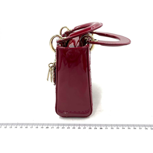 Lady Dior Mini Handbag Burgundy Red Patent Leather Gold-tone Chain Strap
