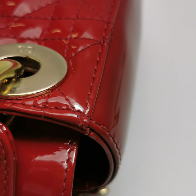 Lady Dior Mini Handbag Burgundy Red Patent Leather Gold-tone Chain Strap
