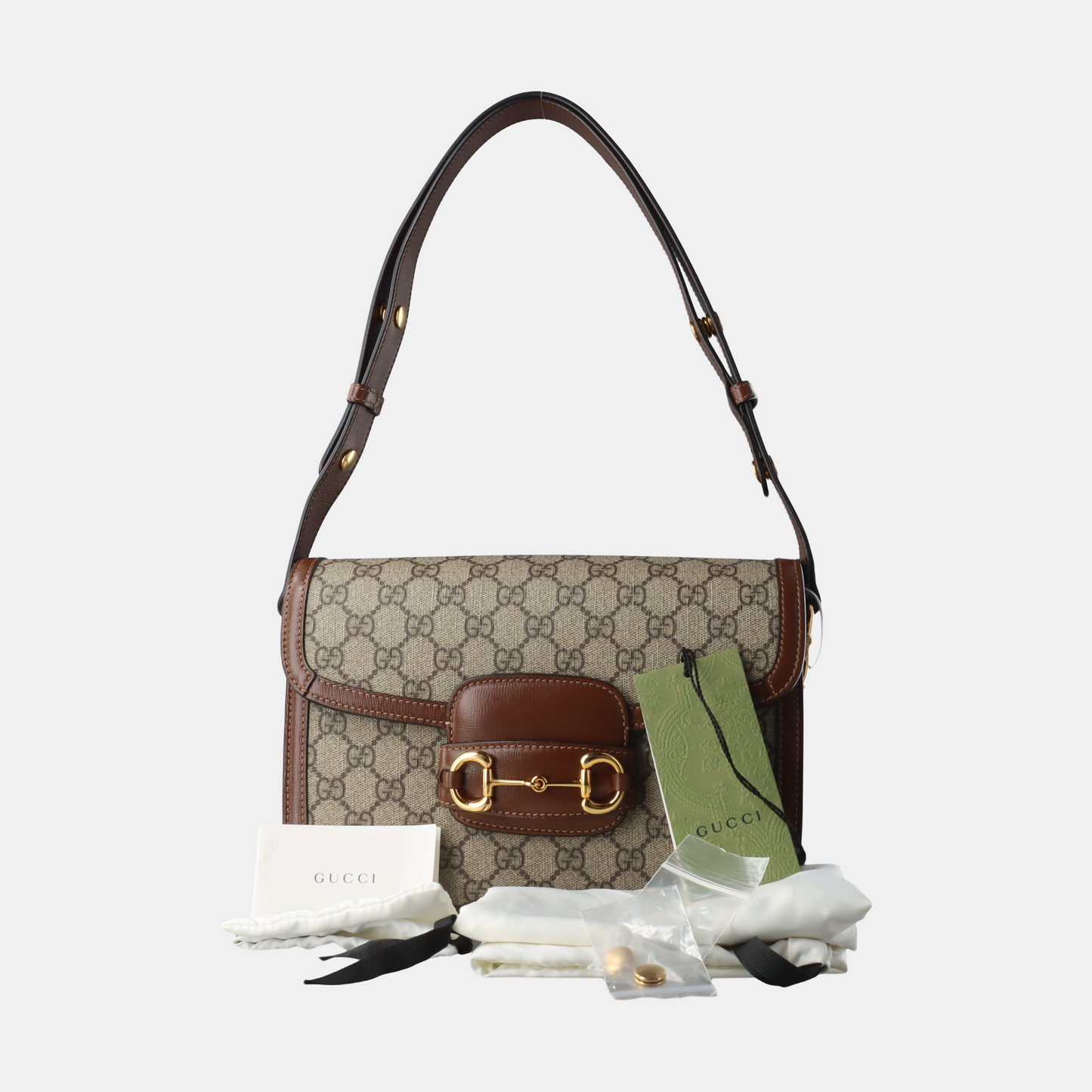 Gucci 1955 Horsebit Bag Tan Brown Small Leather Canvas Monogram