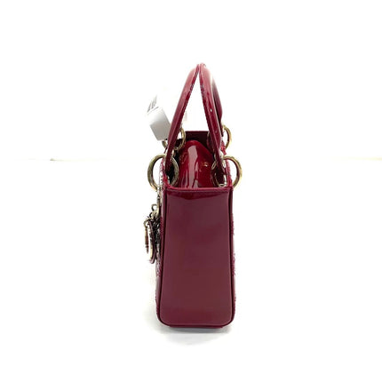 Lady Dior Mini 2020 Red Burgundy Patent Leather Gold Hardware Suede Interior Chain Strap