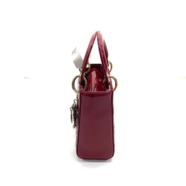 Lady Dior Mini 2020 Red Burgundy Patent Leather Gold Hardware Suede Interior Chain Strap
