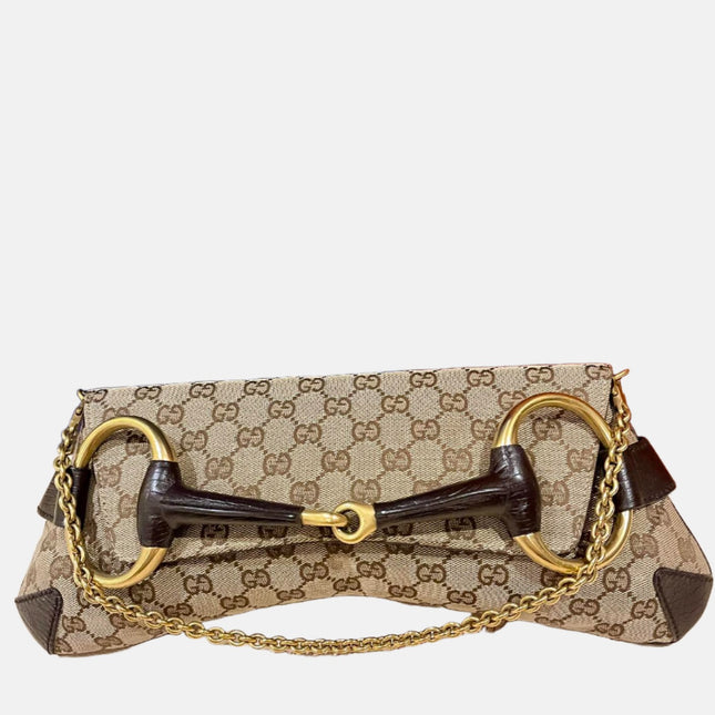 Gucci Horsebit 1955 Large Cloth Beige Monogram Brown Leather Shoulder bag-Luxbags
