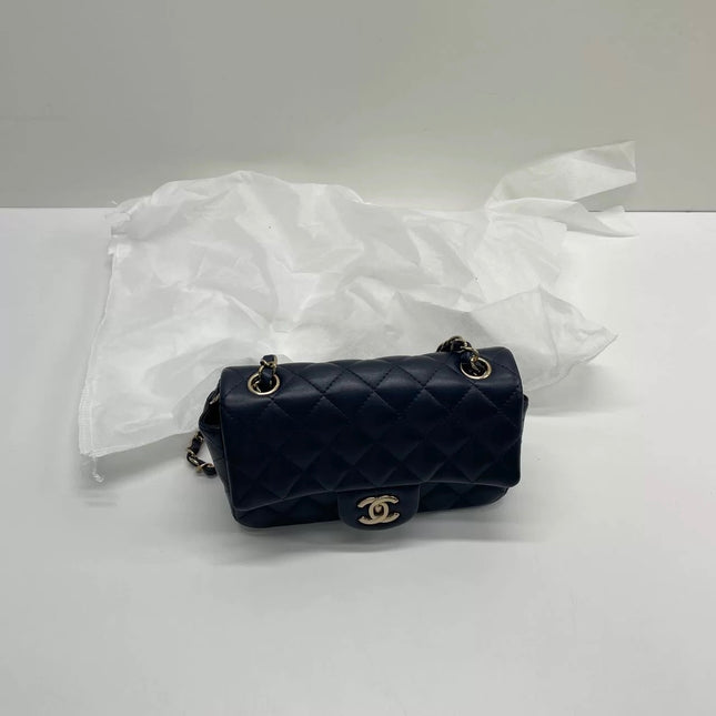 Chanel Classic Flap Mini Rectangular Navy Lambskin Leather Gold Hardware Microchip