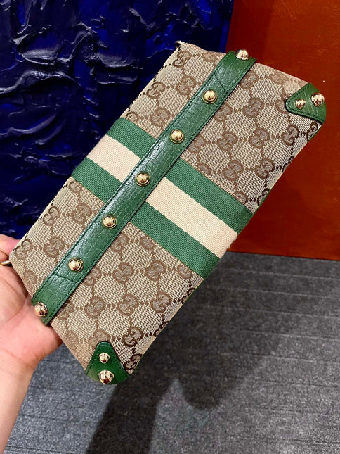 Gucci Horsebit 1955 Chain Bag Gucci Monogram Green Leather and Gold Studs