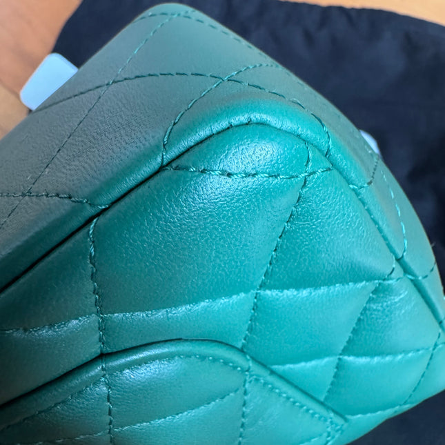 Chanel Classic Flap Mini Rectangular Green Lambskin Leather Silver Hardware