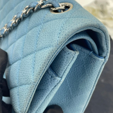 Chanel Timeless Classic Flap Medium Light Blue Caviar Leather Silver Hardware