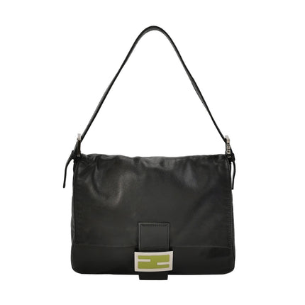 Fendi Mamma Baguette Black Lambskin Leather Green Enamel Buckle