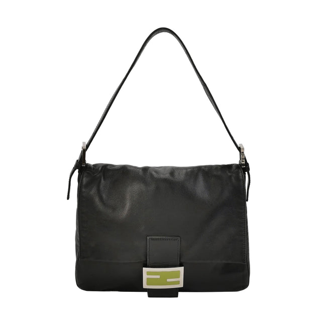 Fendi Mamma Baguette Black Lambskin Leather Green Enamel Buckle