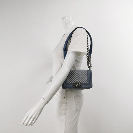Chanel Le Boy Small Denim Blue Jeans Chevron Stitching Silver Hardware